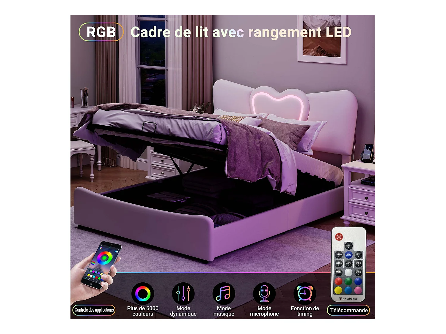 Cama con almacenaje de terciopelo beige de 140 x 200 cm con cabecero LED en forma de corazón y puerto USB