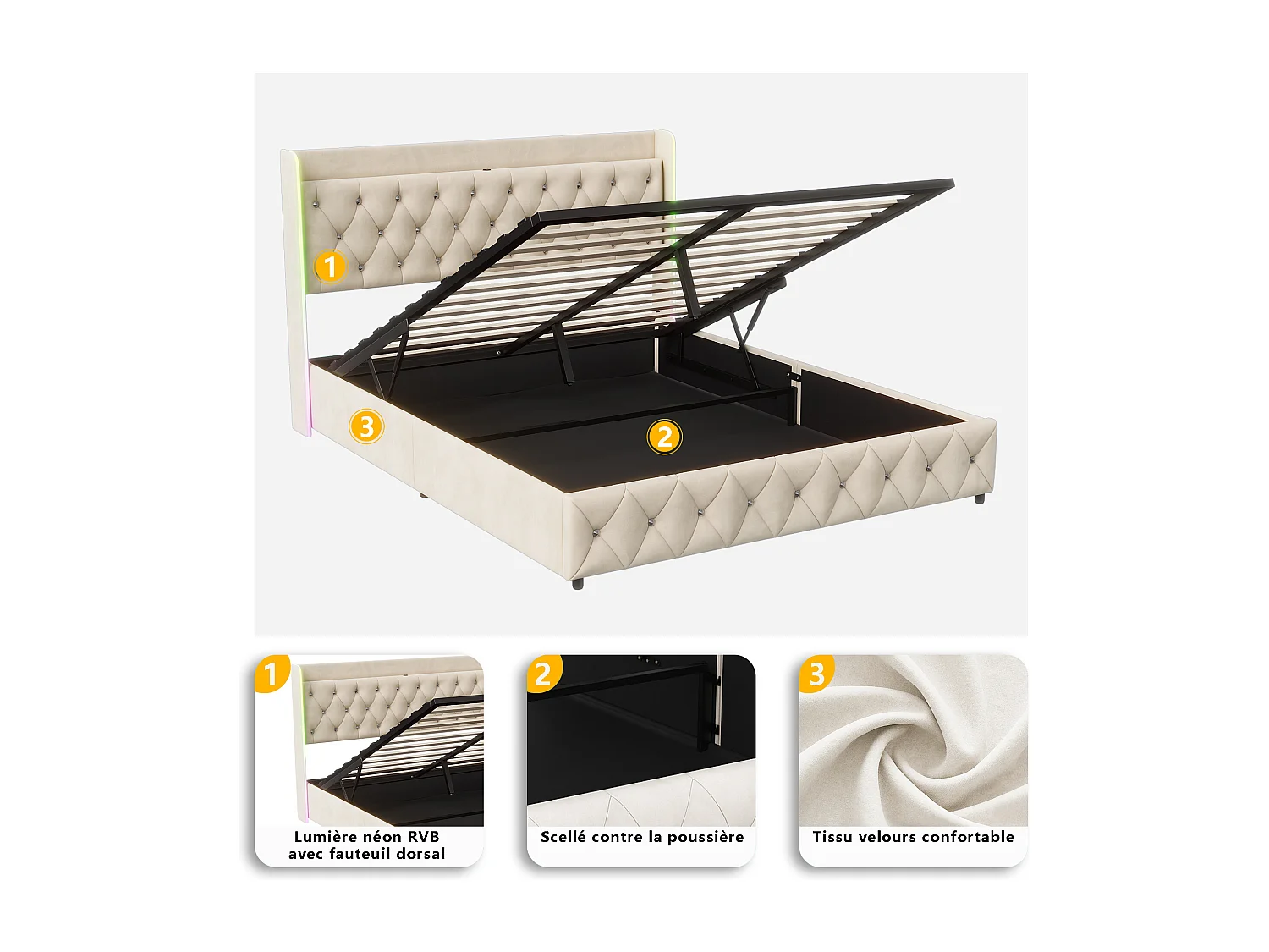 Opbergbed 140x200 cm met lattenbodem, hoofdbord met USB Type C-aansluiting, LED, fluweel, beige