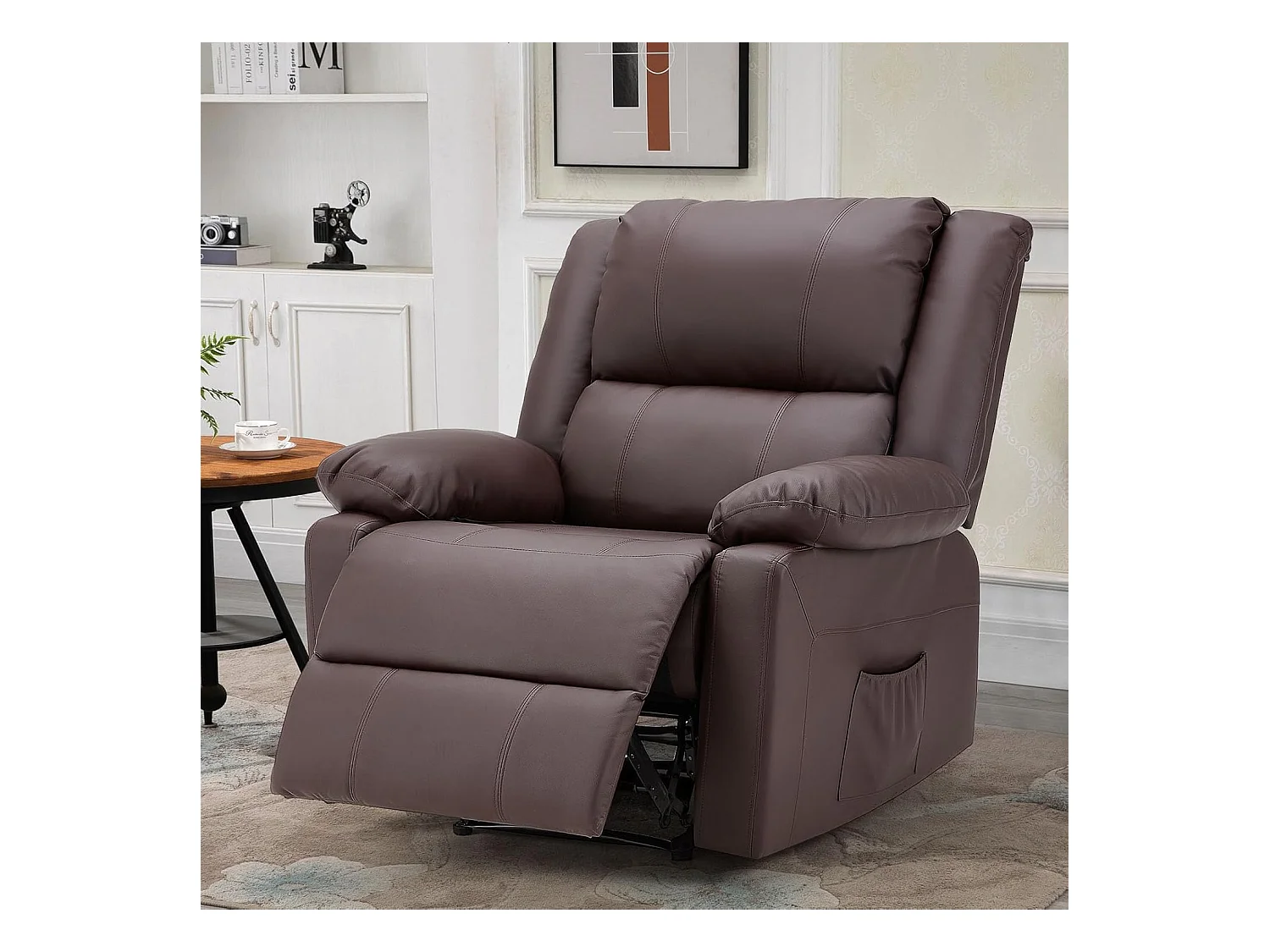 YODOLLA Fauteuil relax Avec fonction allongement, Siège TV ergonomique 150kg charge, En similicuir à commande manuelle, Poches latérales & repose-pieds, Marron
