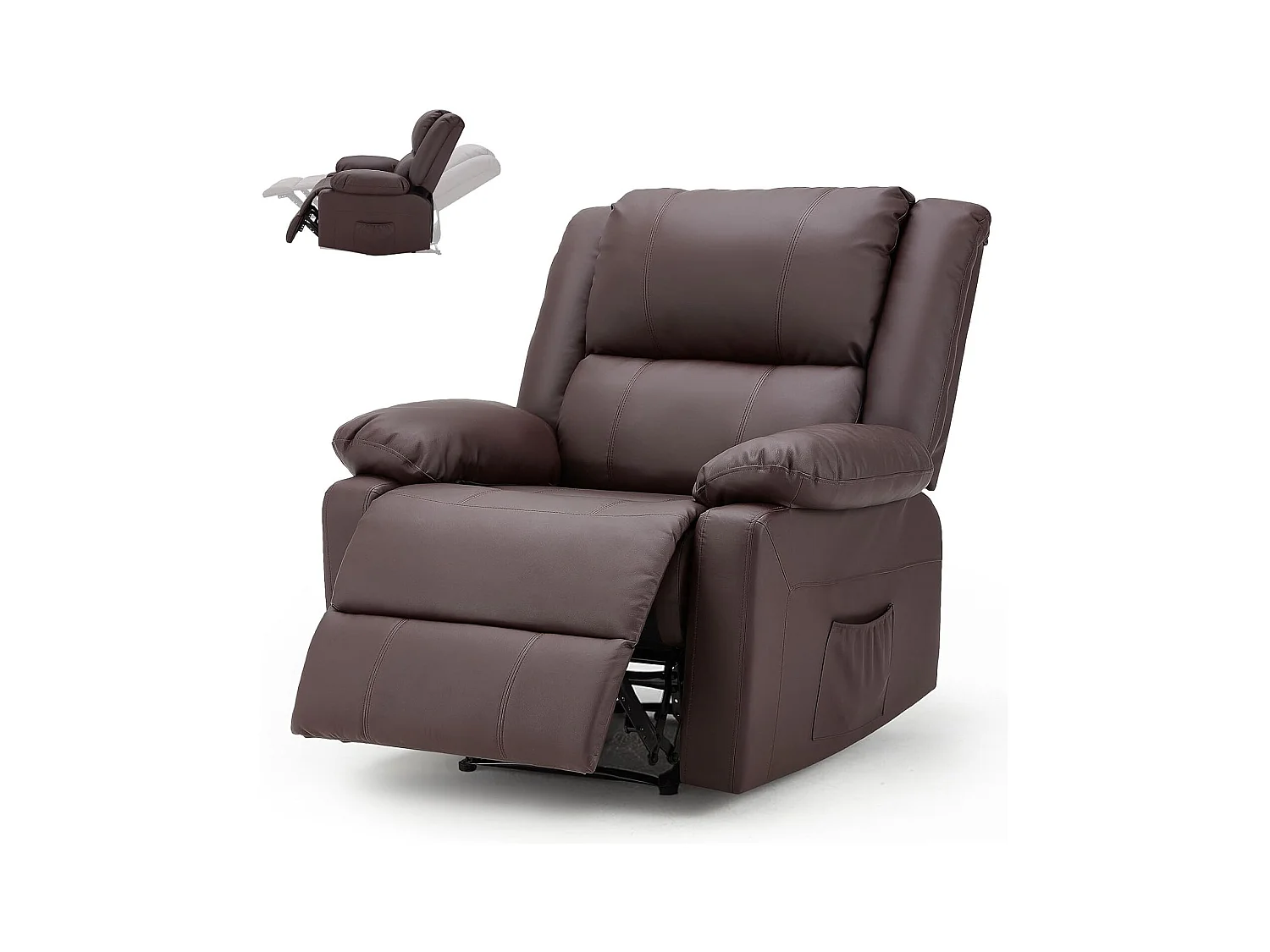 YODOLLA Fauteuil relax Avec fonction allongement, Siège TV ergonomique 150kg charge, En similicuir à commande manuelle, Poches latérales & repose-pieds, Marron