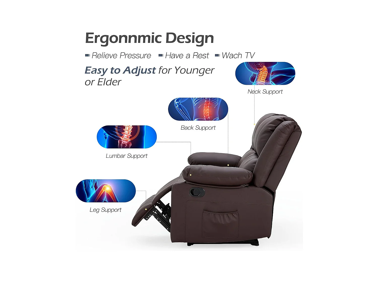 YODOLLA Fauteuil relax Avec fonction allongement, Siège TV ergonomique 150kg charge, En similicuir à commande manuelle, Poches latérales & repose-pieds, Marron