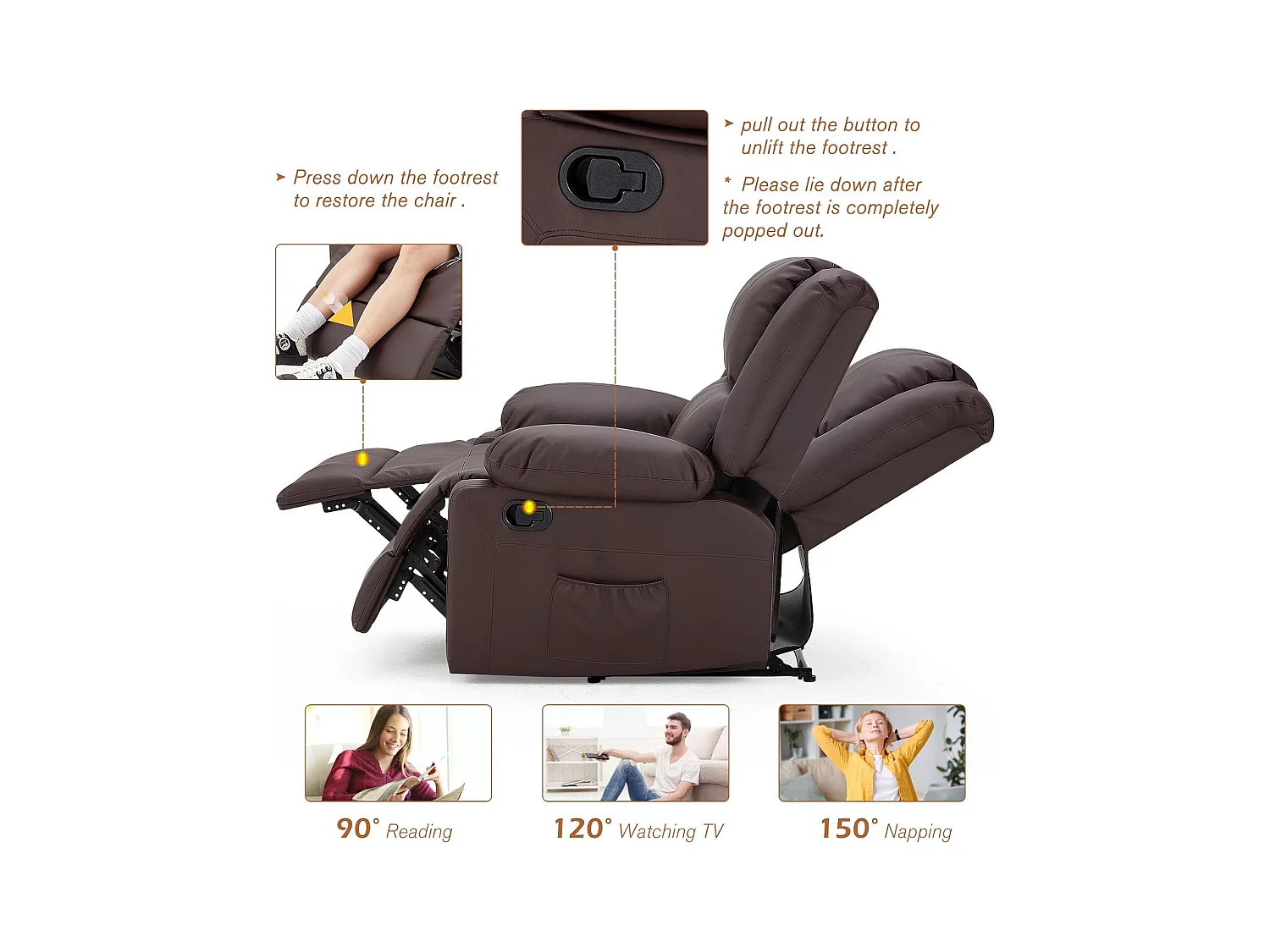 YODOLLA Fauteuil relax Avec fonction allongement, Siège TV ergonomique 150kg charge, En similicuir à commande manuelle, Poches latérales & repose-pieds, Marron