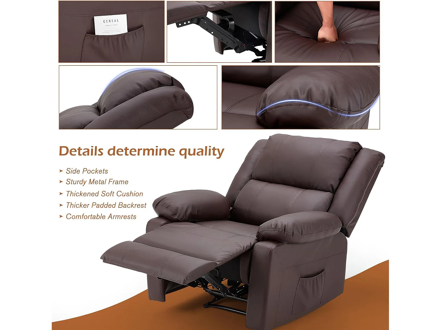 YODOLLA Fauteuil relax Avec fonction allongement, Siège TV ergonomique 150kg charge, En similicuir à commande manuelle, Poches latérales & repose-pieds, Marron
