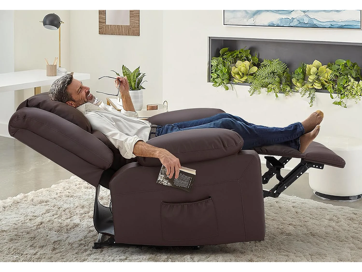 YODOLLA Fauteuil relax Avec fonction allongement, Siège TV ergonomique 150kg charge, En similicuir à commande manuelle, Poches latérales & repose-pieds, Marron