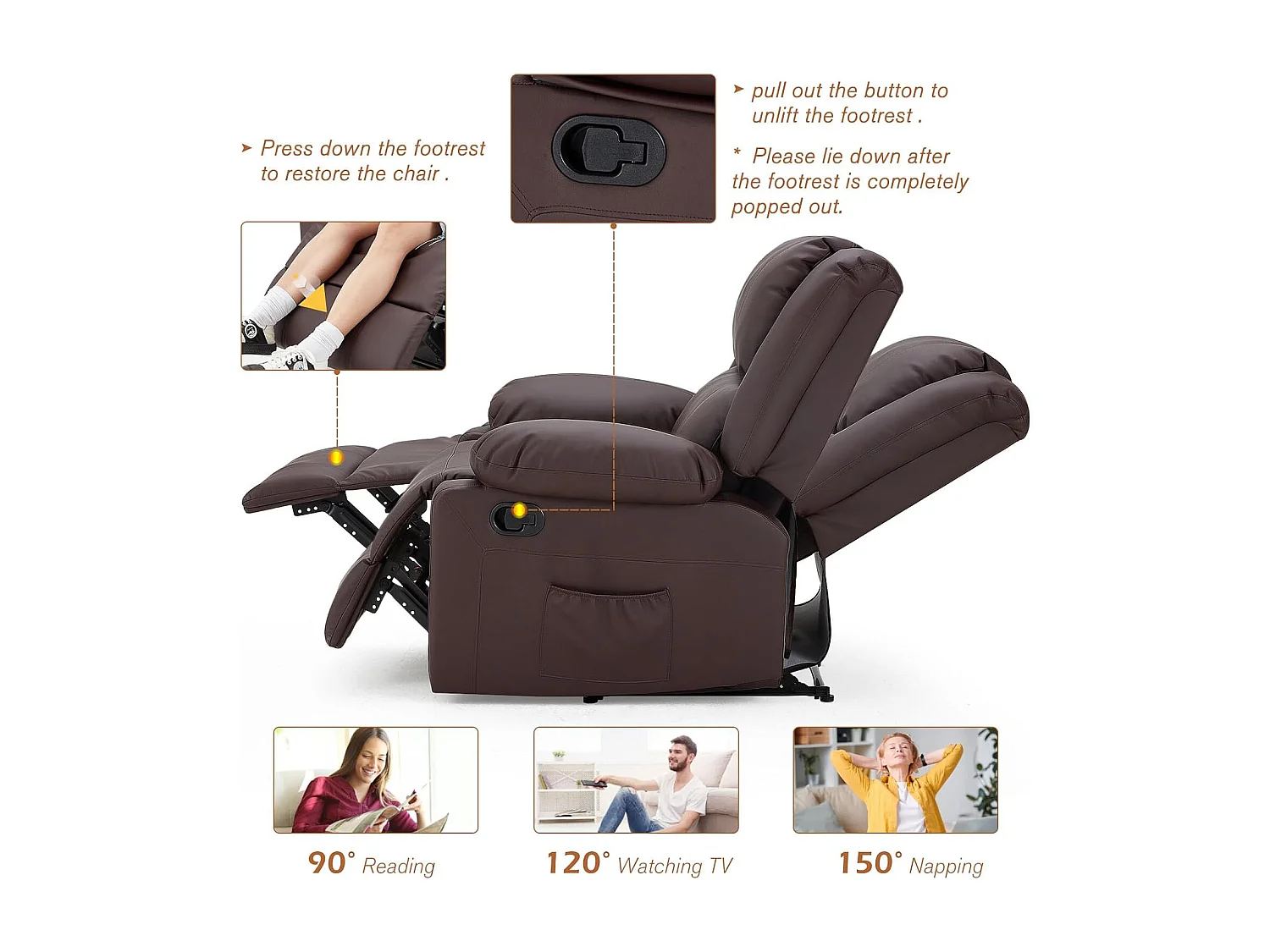 YODOLLA Fauteuil relax Avec fonction allongement, Siège TV ergonomique 150kg charge, En similicuir à commande manuelle, Poches latérales & repose-pieds, Marron
