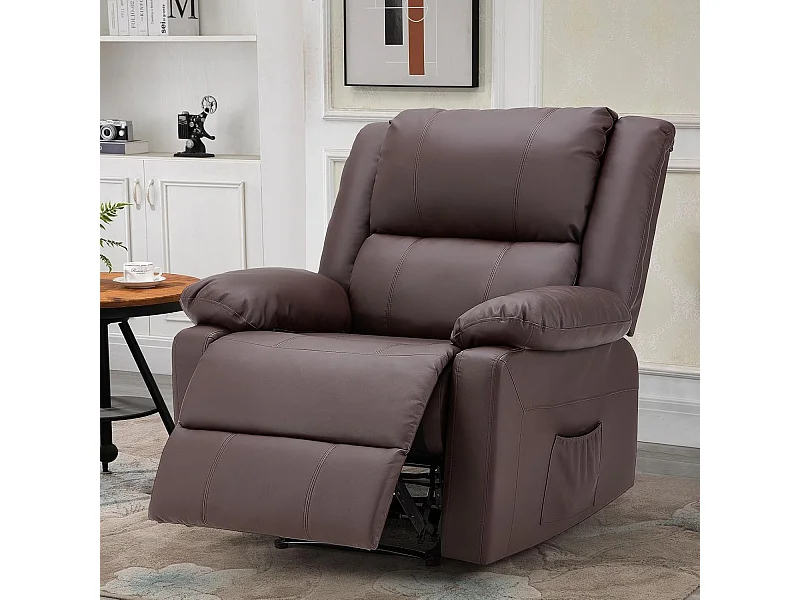 YODOLLA Fauteuil relax Avec fonction allongement, Siège TV ergonomique 150kg charge, En similicuir à commande manuelle, Poches latérales & repose-pieds, Marron