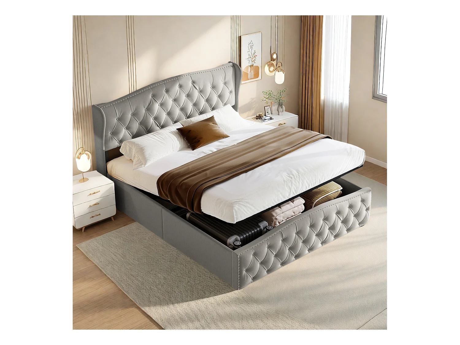 Cama estofada com armazenamento 140 x 200 cm, com cabeceira Wave Line, cinza