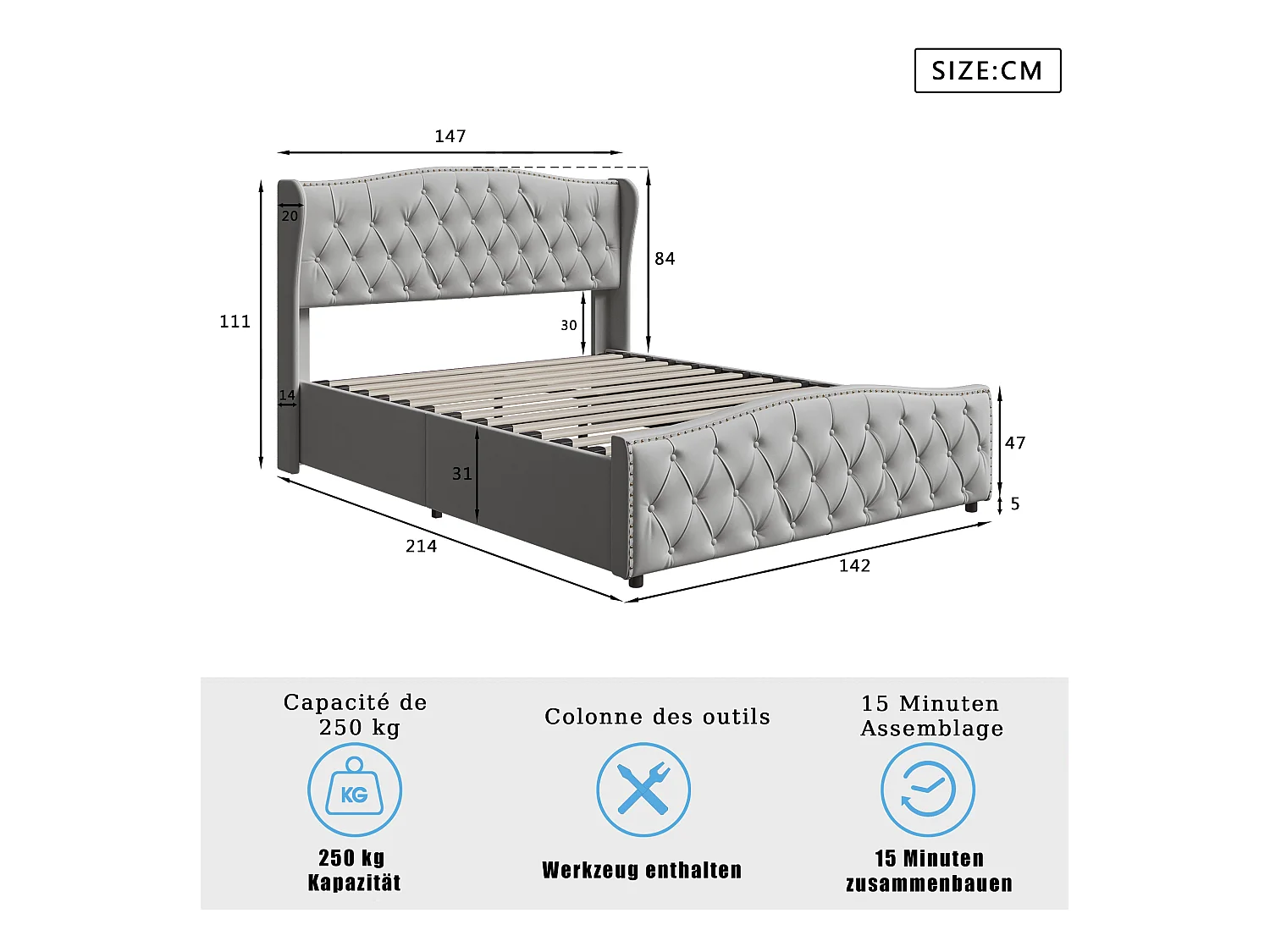 Cama estofada com armazenamento 140 x 200 cm, com cabeceira Wave Line, cinza