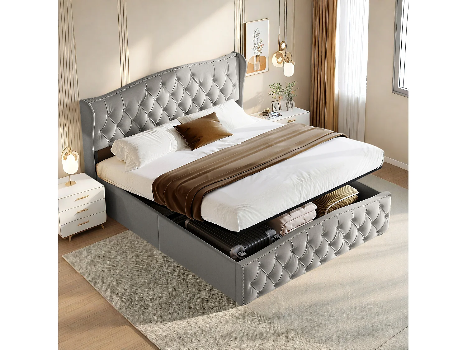 Cama tapizada con almacenaje de 140 x 200 cm, con cabecero Wave Line, gris
