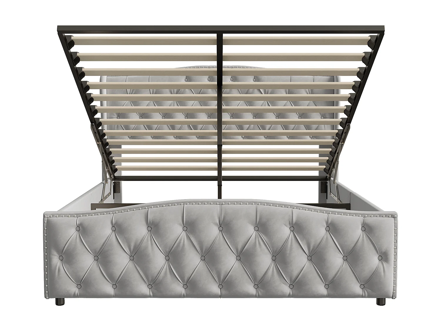 Cama tapizada con almacenaje de 140 x 200 cm, con cabecero Wave Line, gris