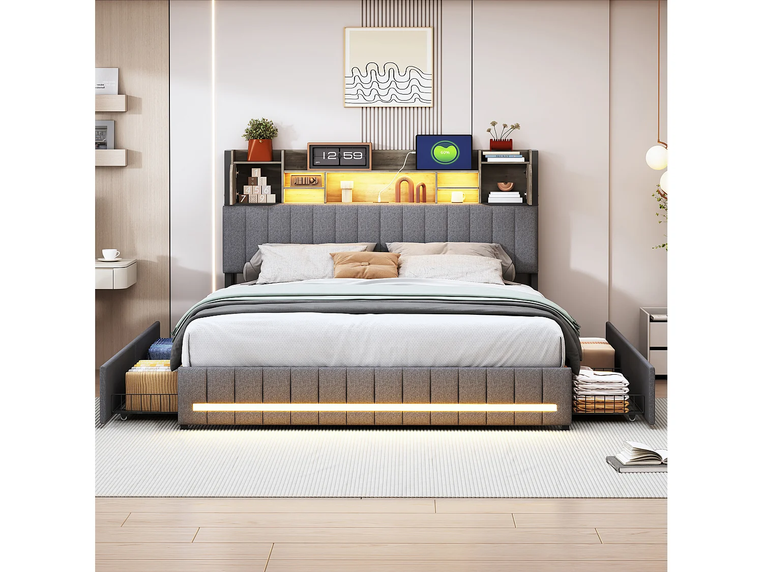 Cama de 140x200 con LED y USB, Cama de matrimonio tapizada con somier de láminas y 4 cajones, Lino, Gris