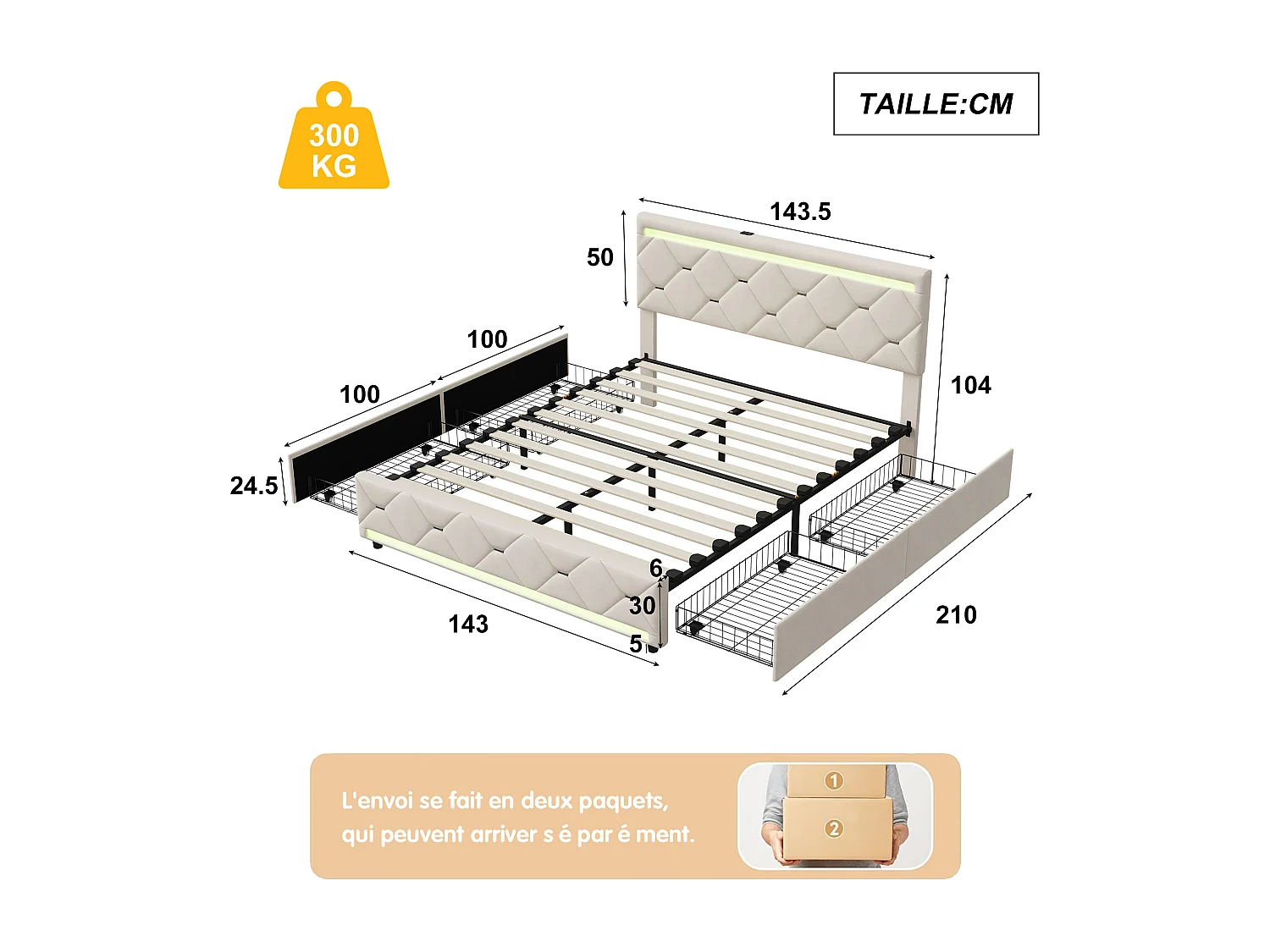 Bed 140x200 met LED-bodem en USB, gestoffeerd tweepersoonsbed met 4 opbergladen, gebroken wit
