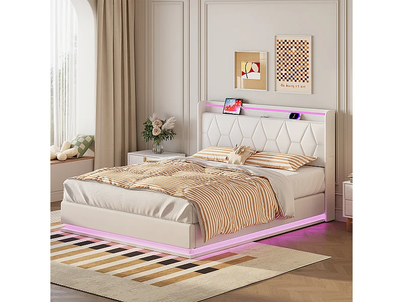 Lit Double 140x200 avec LED et USB, Lit Coffre avec sommier à Lattes et tête de lit, Velours, Blanc