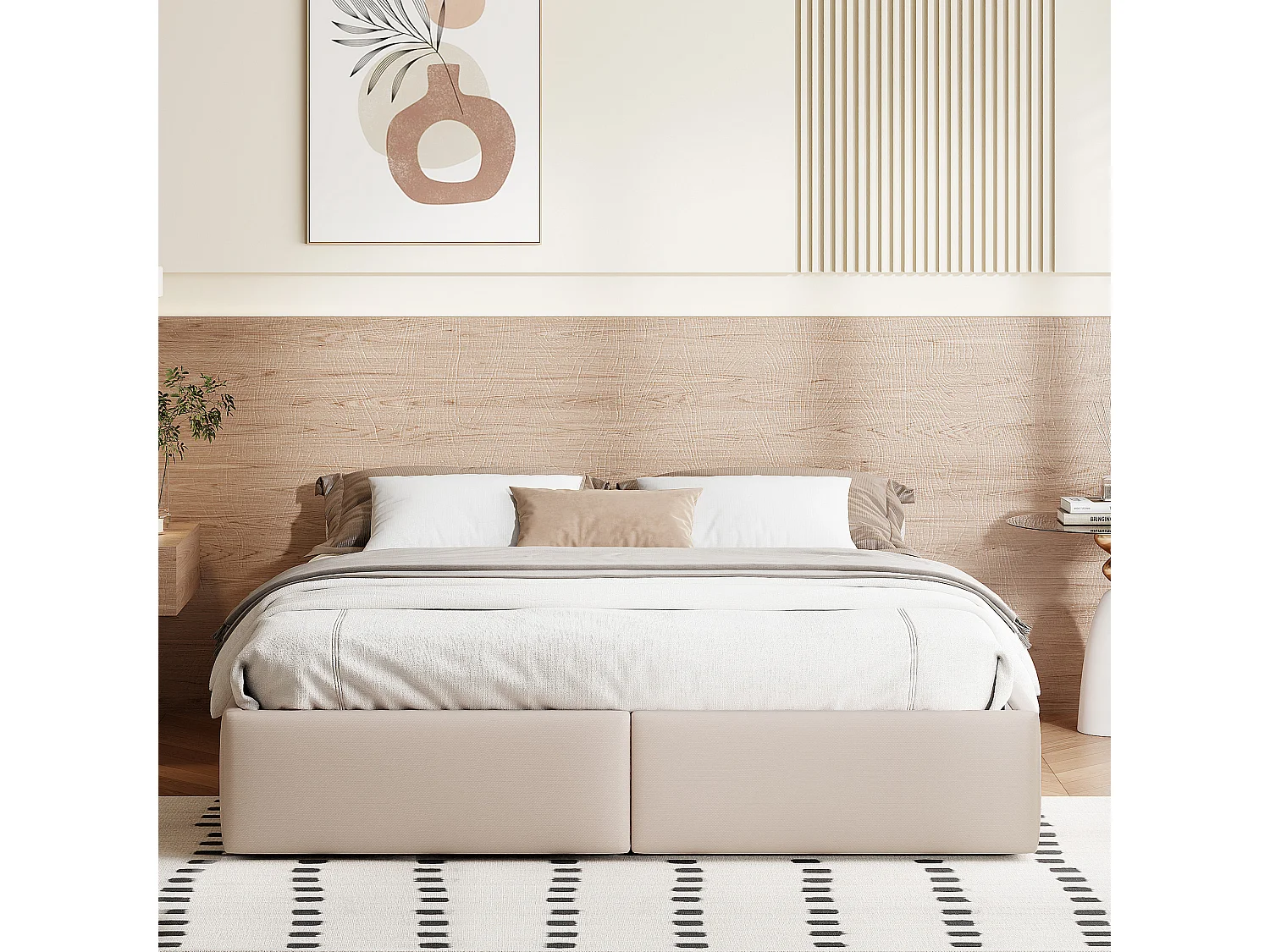 Estructura de cama de 140 x 200 cm, sin cabecero, con espacio de almacenamiento hidráulico y 2 cajones, color beige.