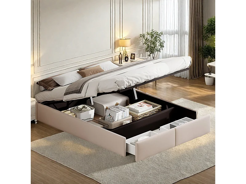 Cama de plataforma de casal 140 x 200 cm, com arrumação, sem cabeceira, com estrado de ripas, bege