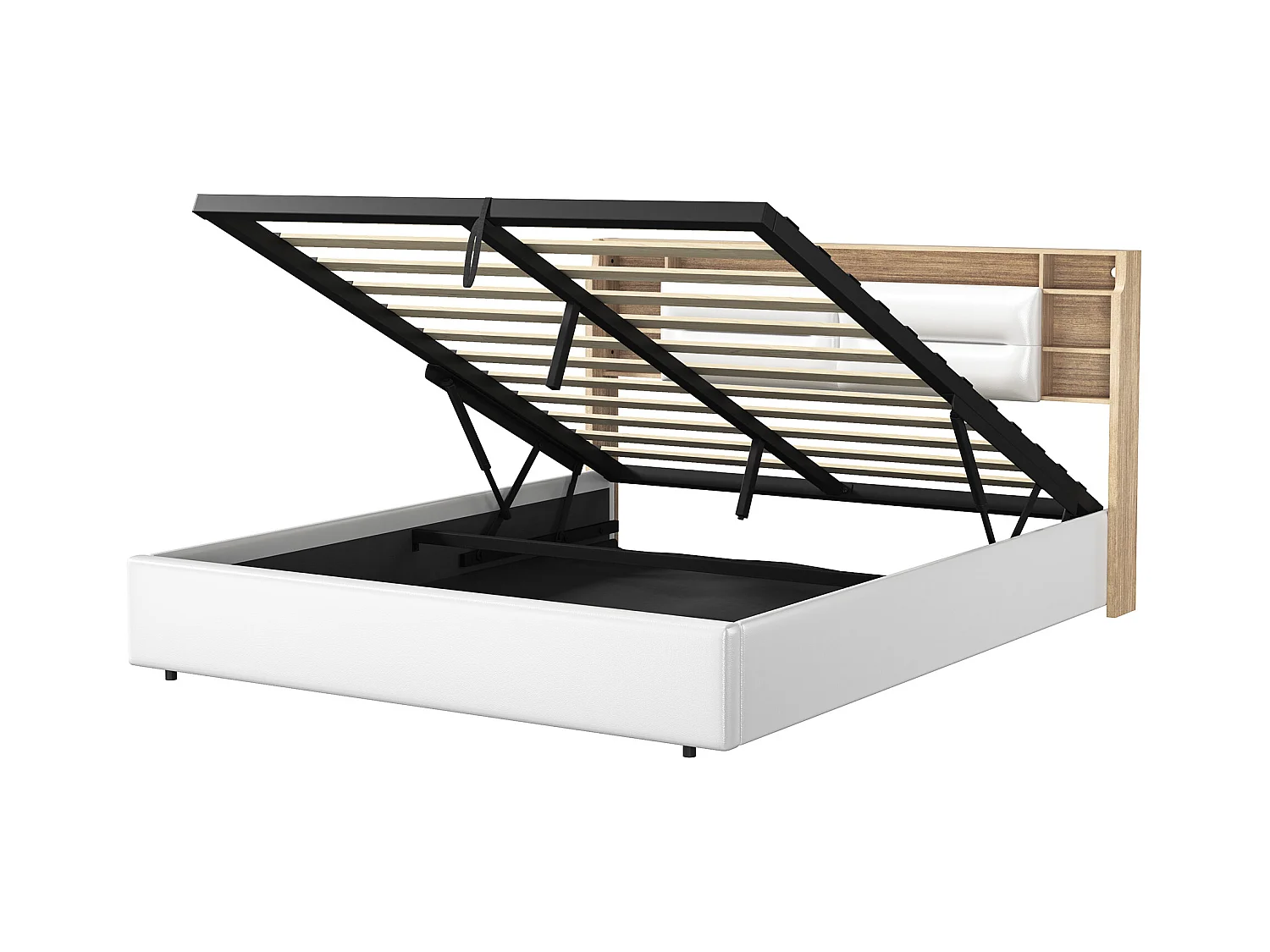 Letto imbottito, 160 x 200 cm, con LED e ricarica USB, letto matrimoniale, spazio contenitore, PU, bianco