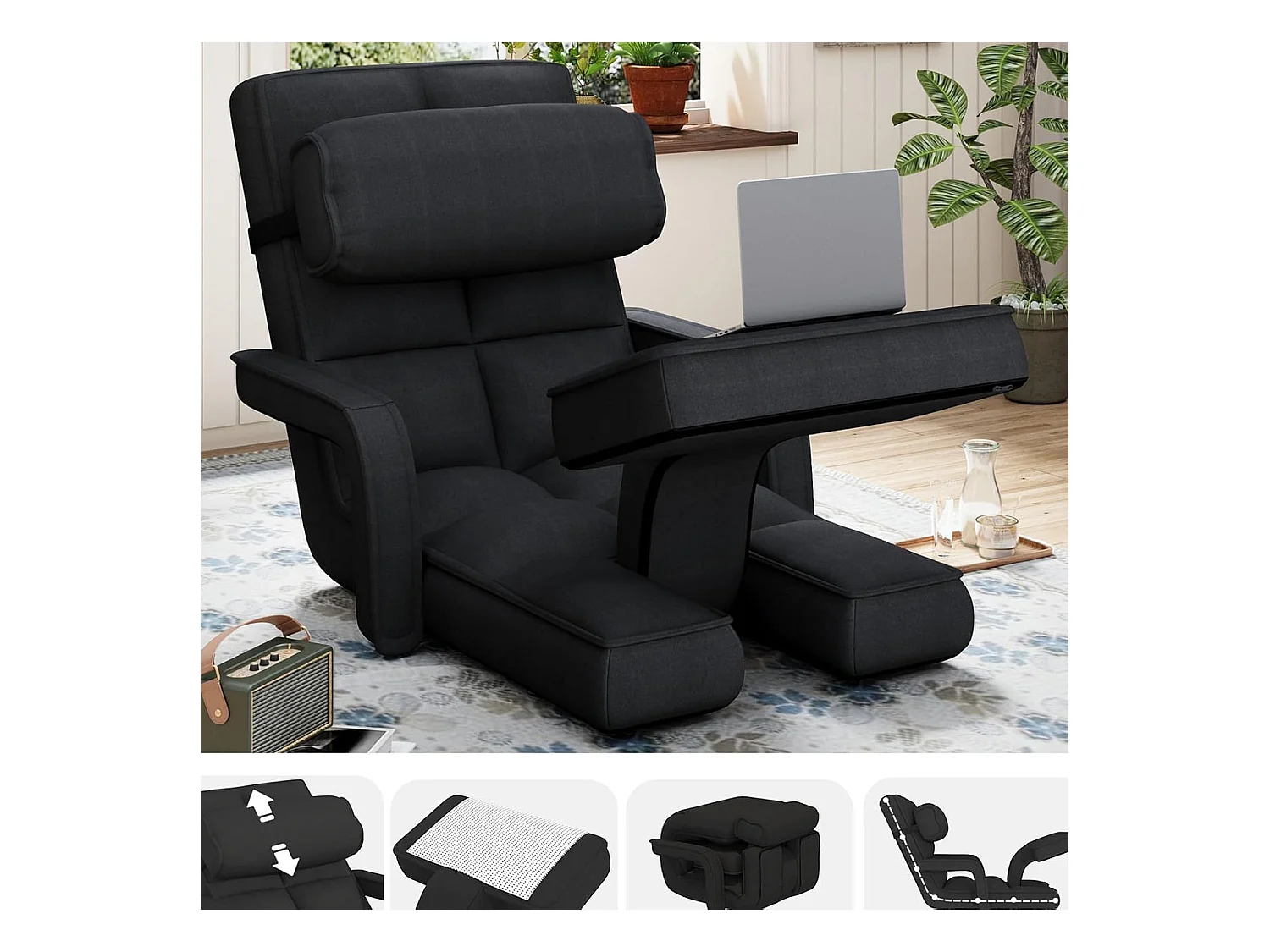 YODOLLA Fauteuil de Sol, Pliable avec coussin & repose-pieds pour chambre, Bureau et maison, Noir