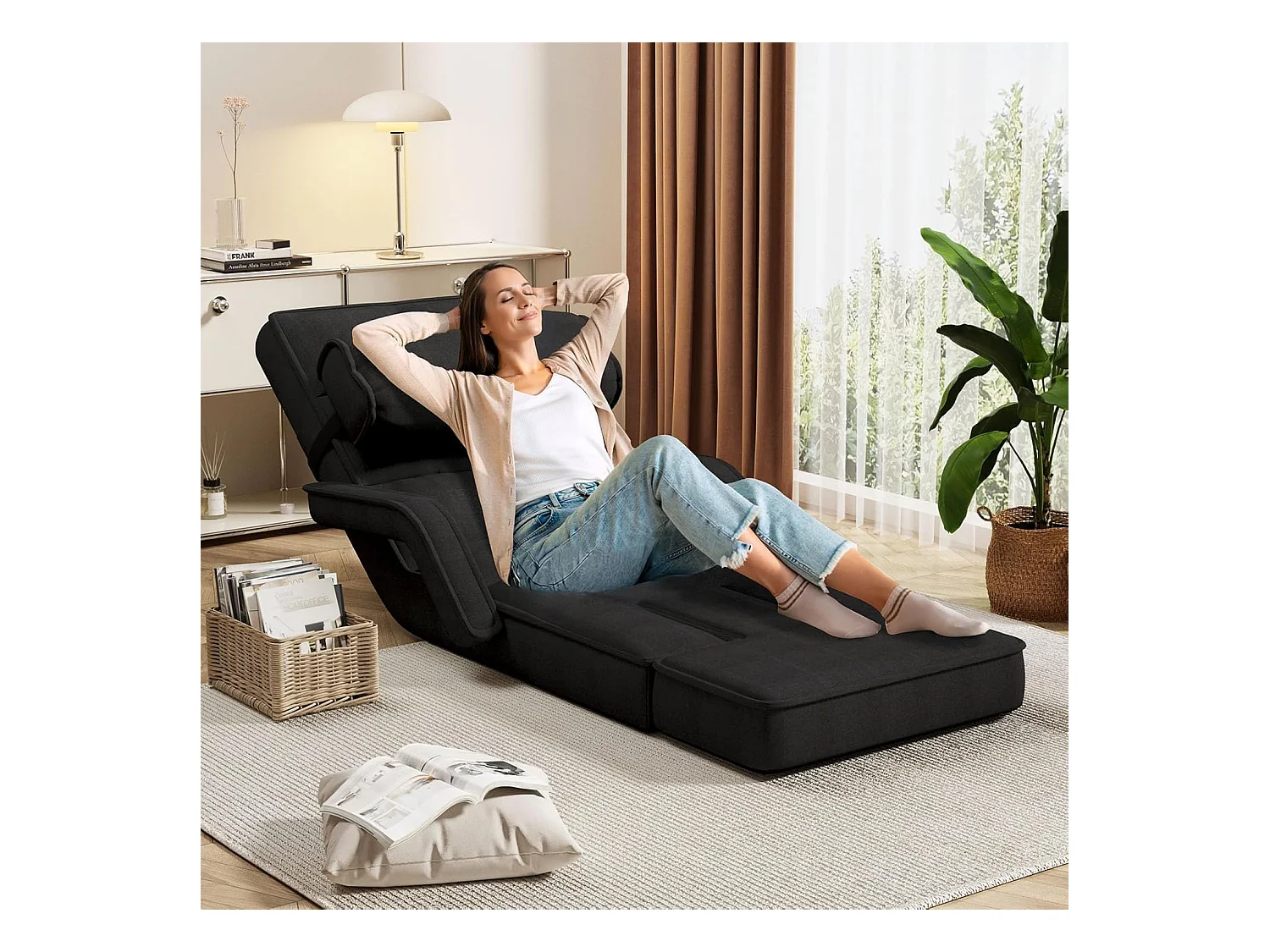 YODOLLA Fauteuil de Sol, Pliable avec coussin & repose-pieds pour chambre, Bureau et maison, Noir