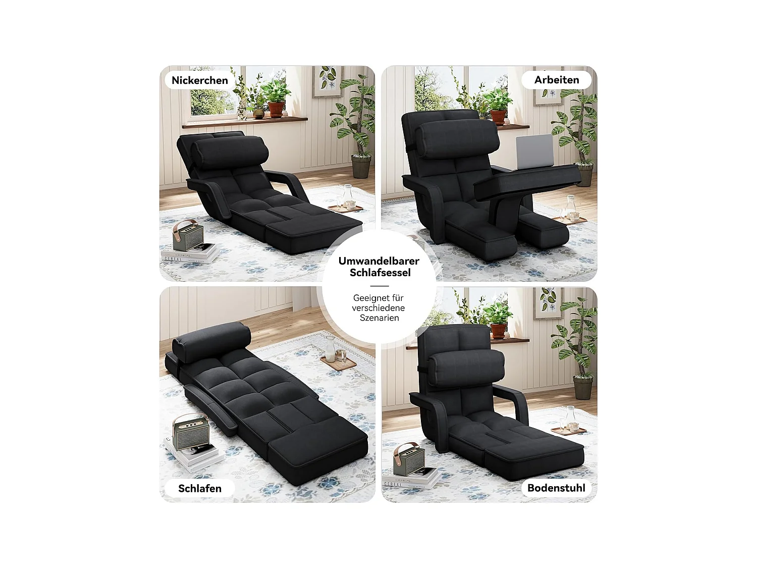 YODOLLA Fauteuil de Sol, Pliable avec coussin & repose-pieds pour chambre, Bureau et maison, Noir