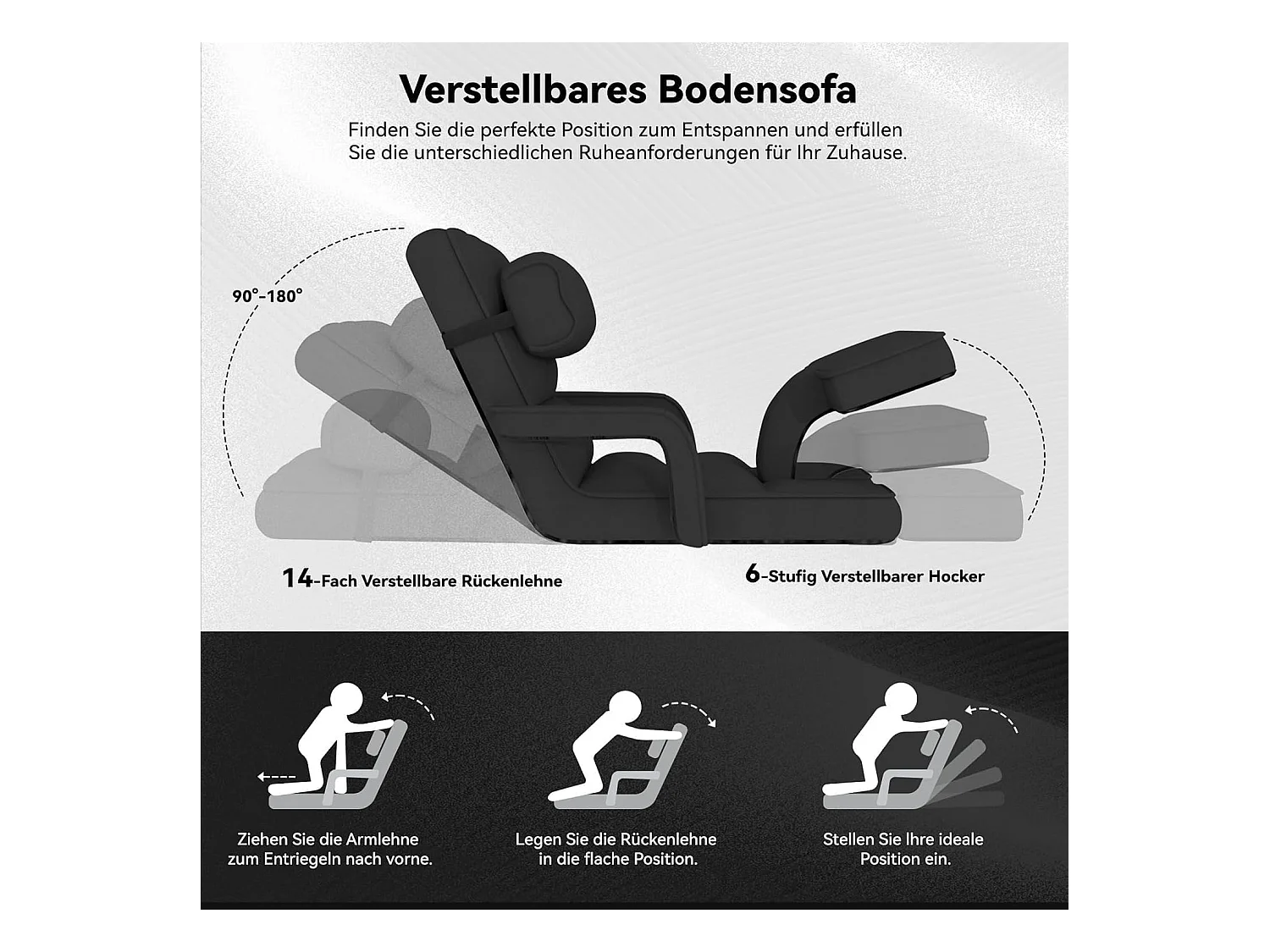 YODOLLA Fauteuil de Sol, Pliable avec coussin & repose-pieds pour chambre, Bureau et maison, Noir