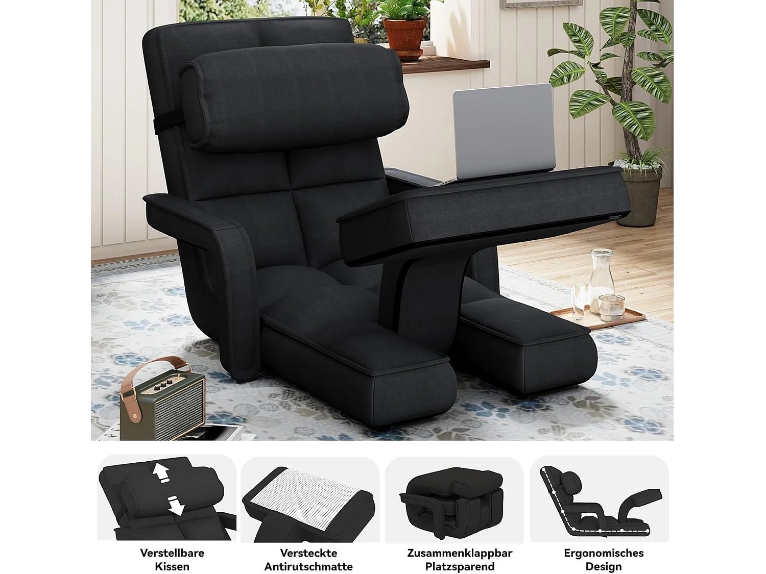 YODOLLA Fauteuil de Sol, Pliable avec coussin & repose-pieds pour chambre, Bureau et maison, Noir