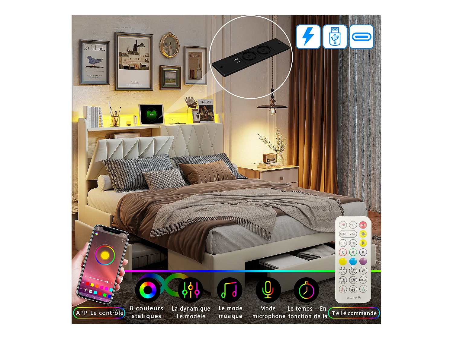Lit 160 x 200 avec Sommier LED et USB, lit Double, Tête de Lit avec Rangement, Velours, Beige