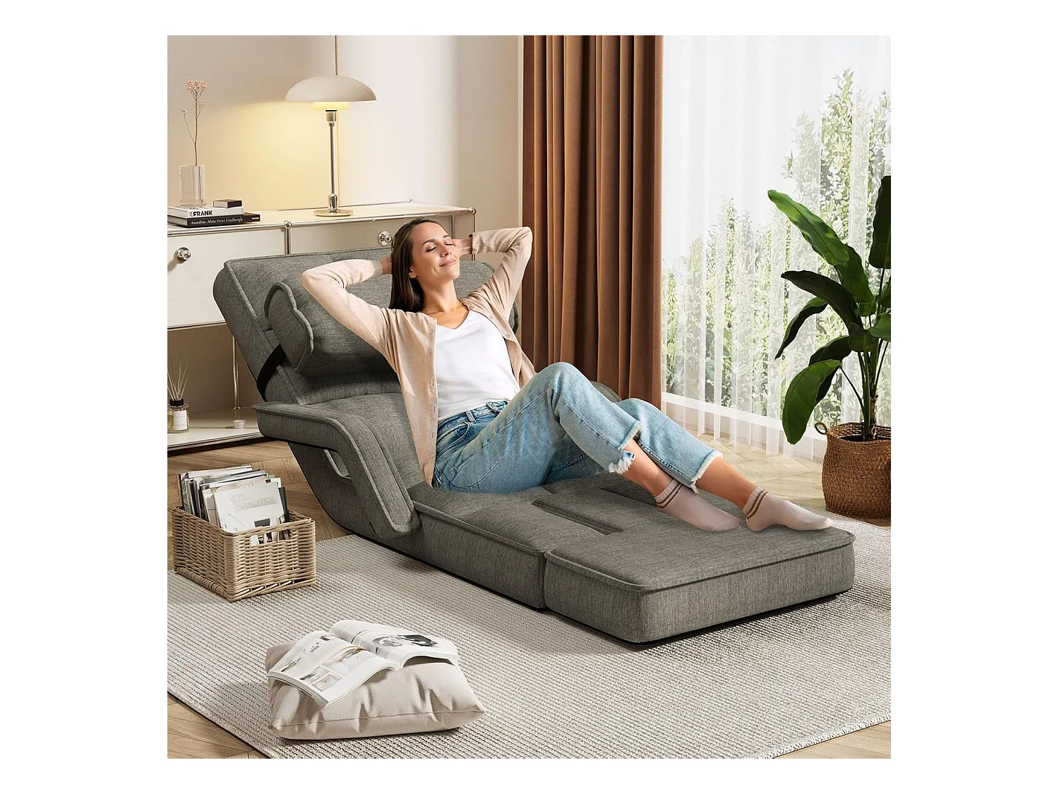 YODOLLA Fauteuil de Sol, Pliable avec coussin & repose-pieds pour chambre, Bureau, Maison, Gris foncé