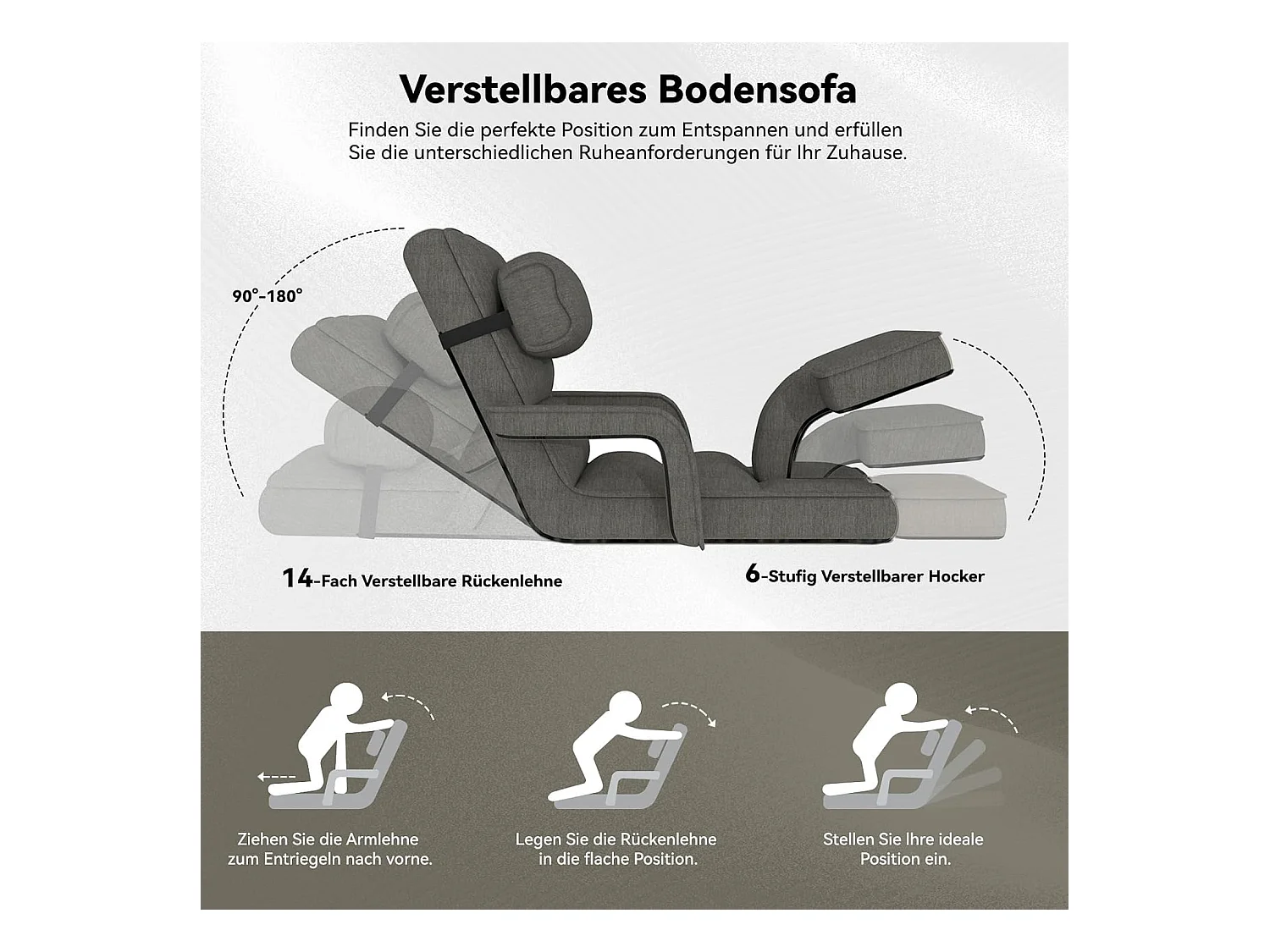 YODOLLA Fauteuil de Sol, Pliable avec coussin & repose-pieds pour chambre, Bureau, Maison, Gris foncé