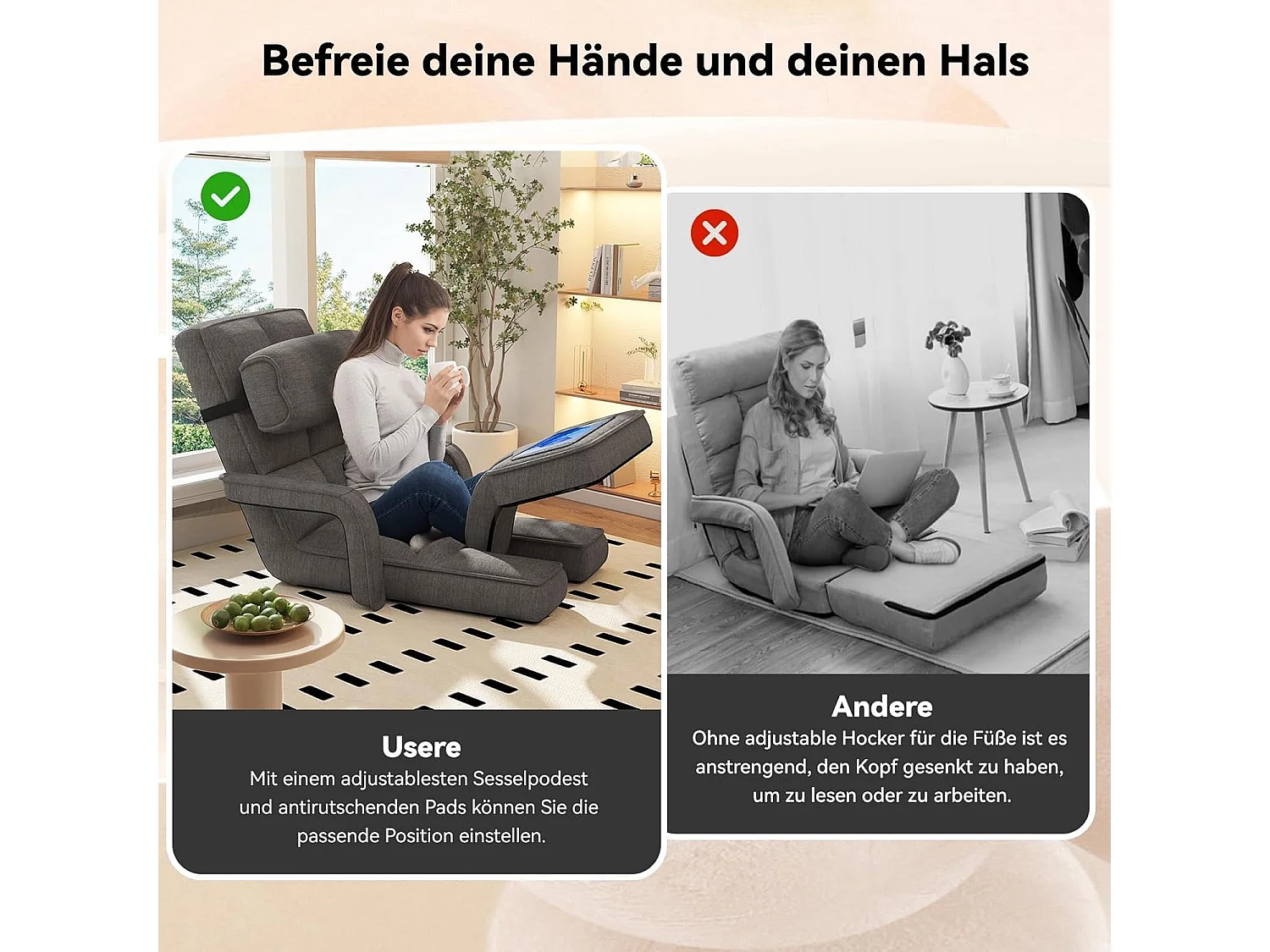 YODOLLA Fauteuil de Sol, Pliable avec coussin & repose-pieds pour chambre, Bureau, Maison, Gris foncé