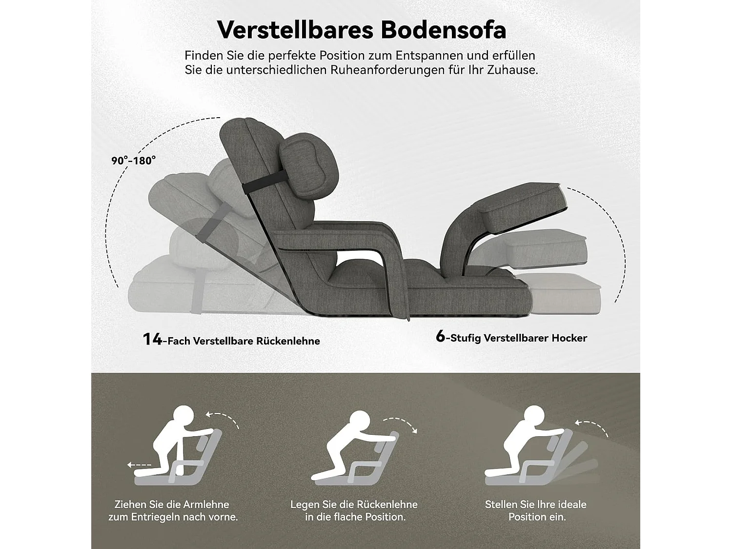 YODOLLA Fauteuil de Sol, Pliable avec coussin & repose-pieds pour chambre, Bureau, Maison, Gris foncé