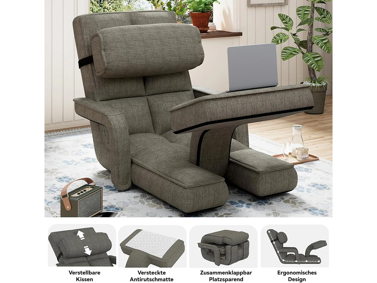 YODOLLA Fauteuil de Sol, Pliable avec coussin & repose-pieds pour chambre, Bureau, Maison, Gris foncé