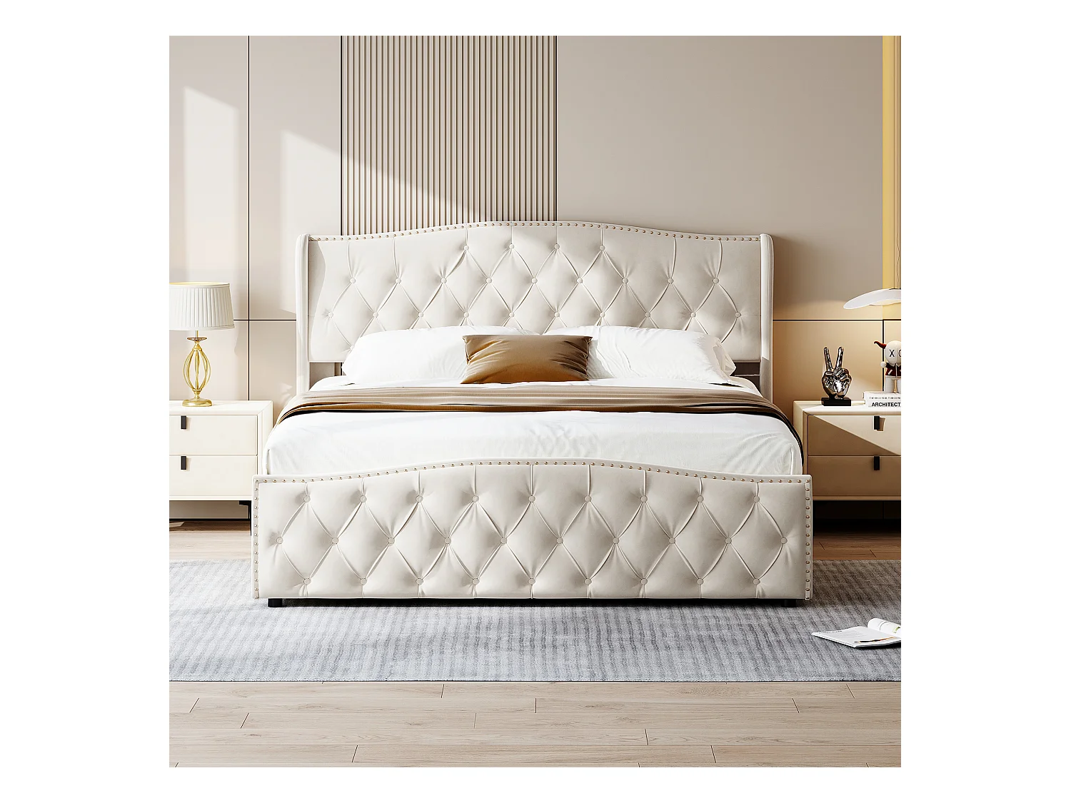 Cama estofada 160 x 200 cm, com espaço de arrumação, estrado de ripas, veludo, bege