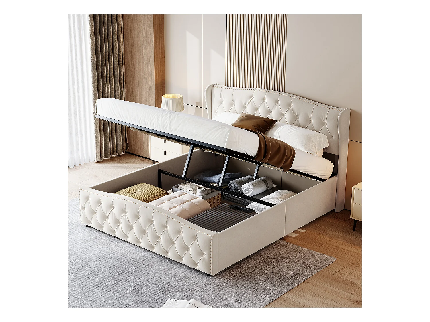 Cama estofada 160 x 200 cm, com espaço de arrumação, estrado de ripas, veludo, bege