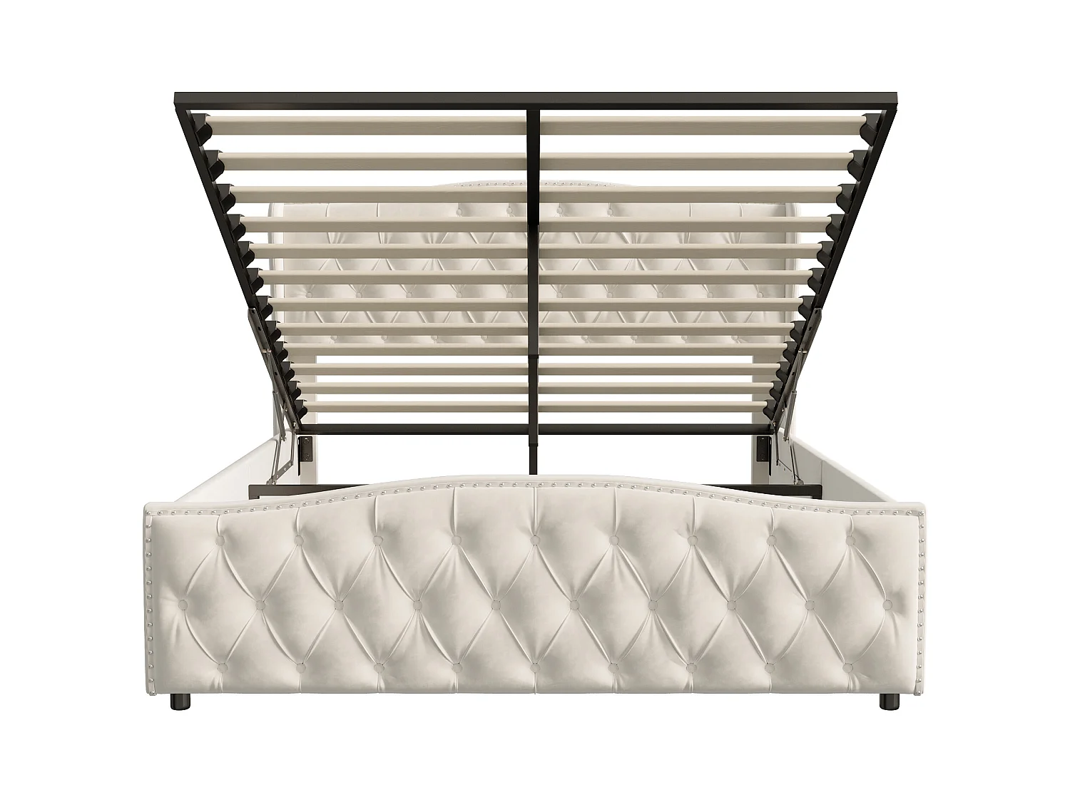 Cama estofada 160 x 200 cm, com espaço de arrumação, estrado de ripas, veludo, bege