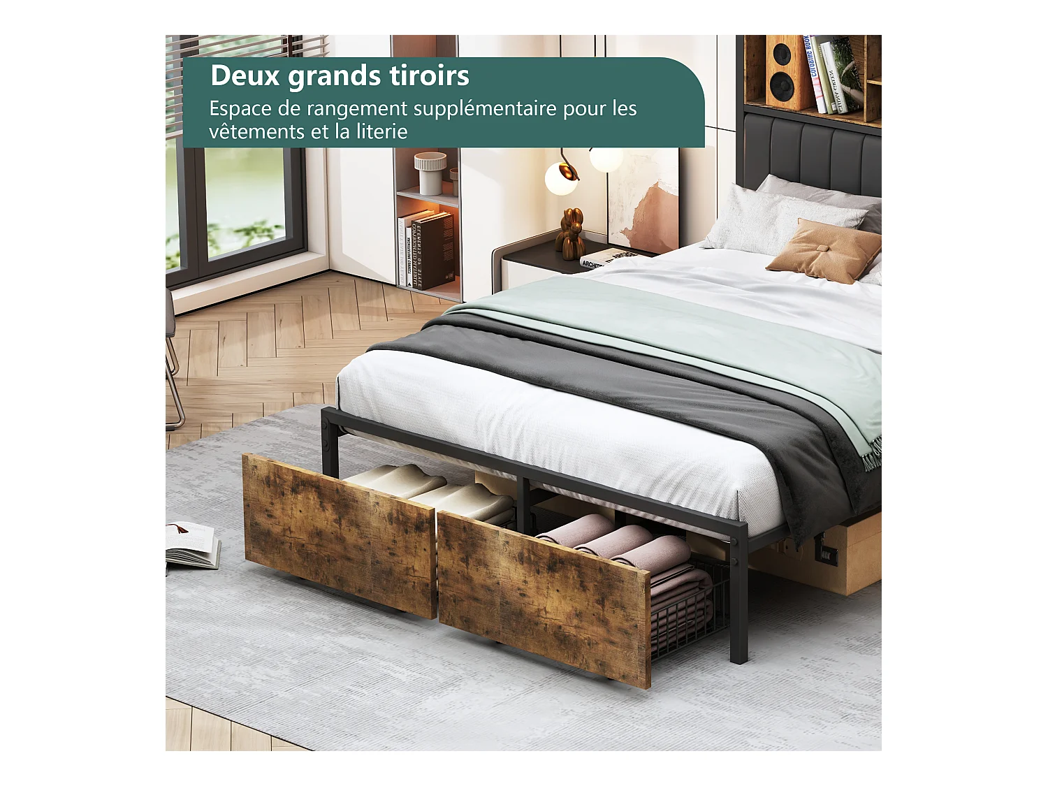 Cama de casal 160 x 200 cm, cama estofada com LED e USB, cabeceira de PU com armazenamento, preta