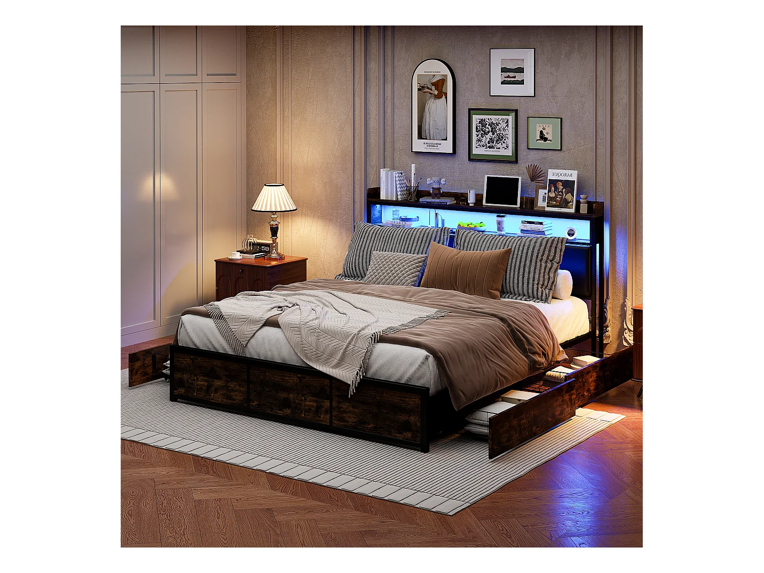 Bett 160x200 mit Lattenrost und LED, schwarzem PU-Kopfteil, Metallrahmen und praktischem Staufach