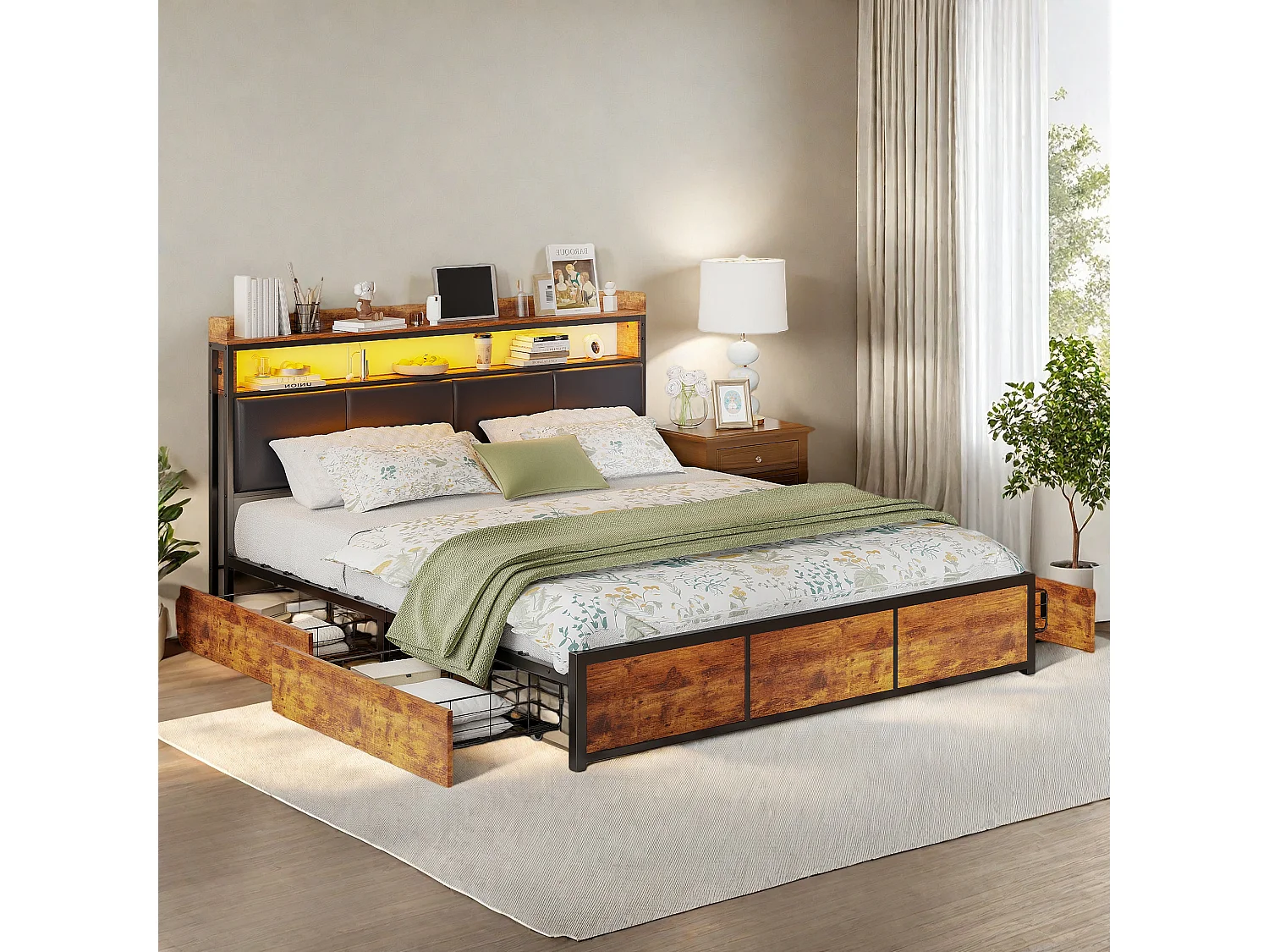 Bed van 160x200 cm met lattenbodem en ledverlichting, zwart PU-hoofdbord, metalen frame en praktische opbergruimte.