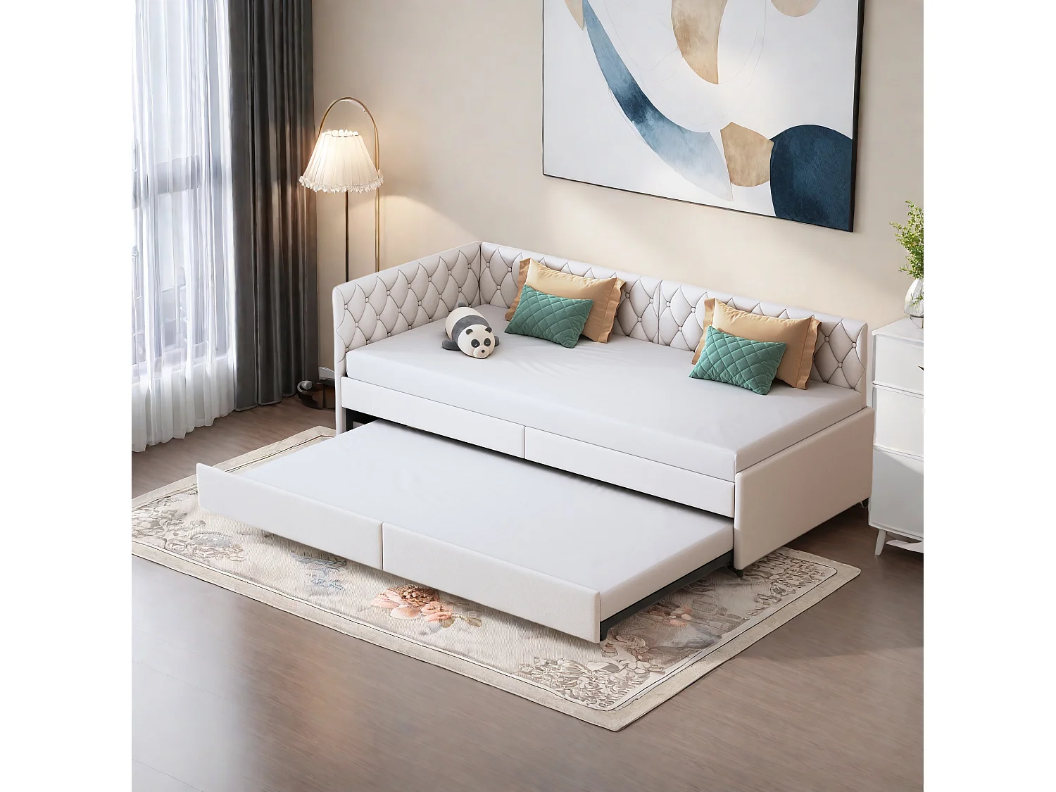 Letto estraibile 90/180x200 cm - Divano letto estensibile con rete a doghe in tessuto velluto - Beige