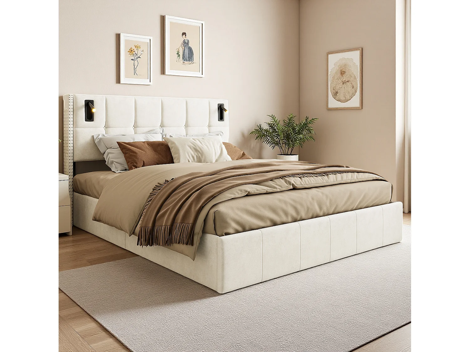 Gestoffeerd tweepersoonsbed 140x200 cm met hydraulische opbergruimte, leeslamp, gestoffeerde lattenbodem, fluweel, zonder matras, beige