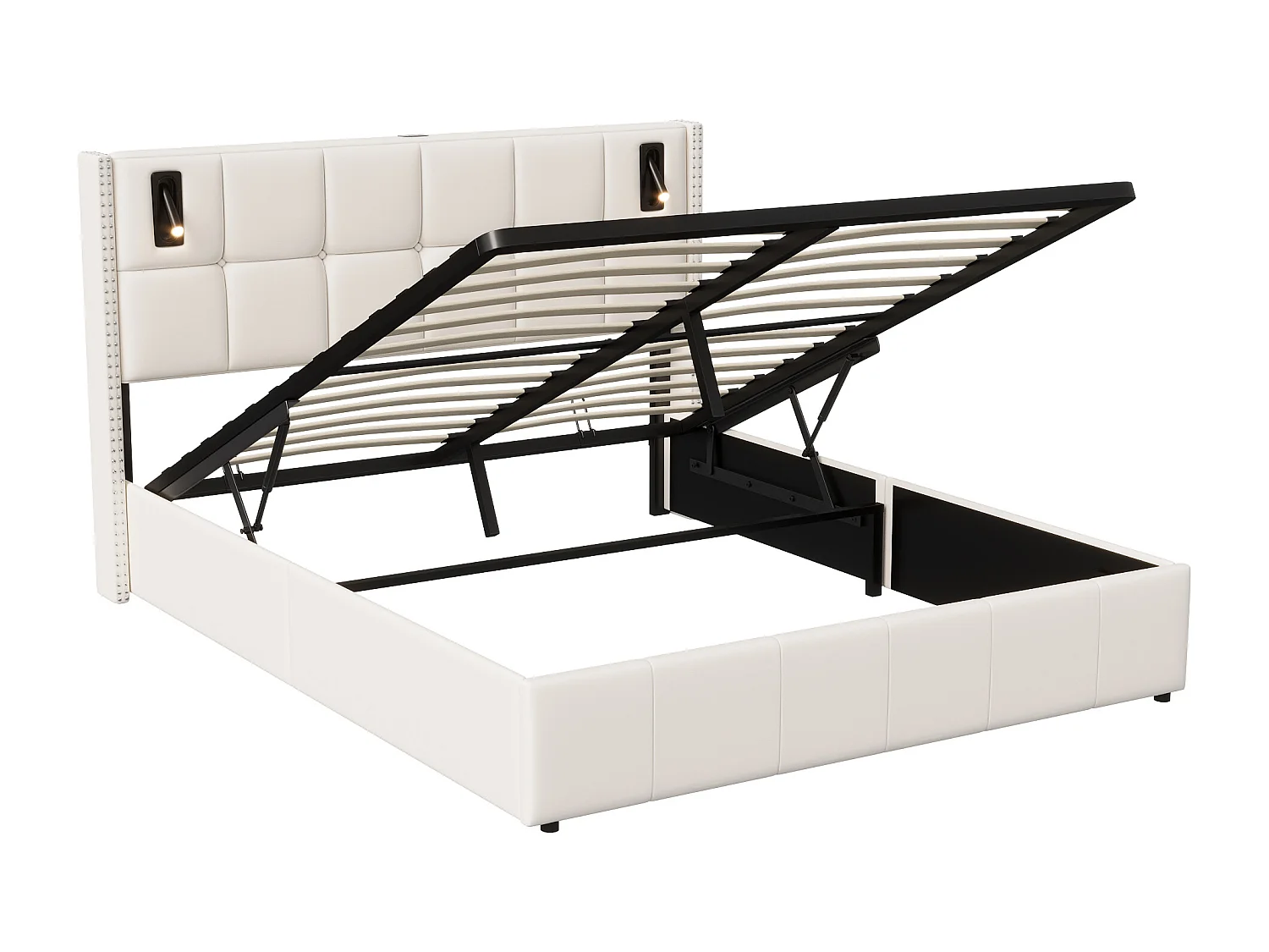 Gestoffeerd tweepersoonsbed 140x200 cm met hydraulische opbergruimte, leeslamp, gestoffeerde lattenbodem, fluweel, zonder matras, beige