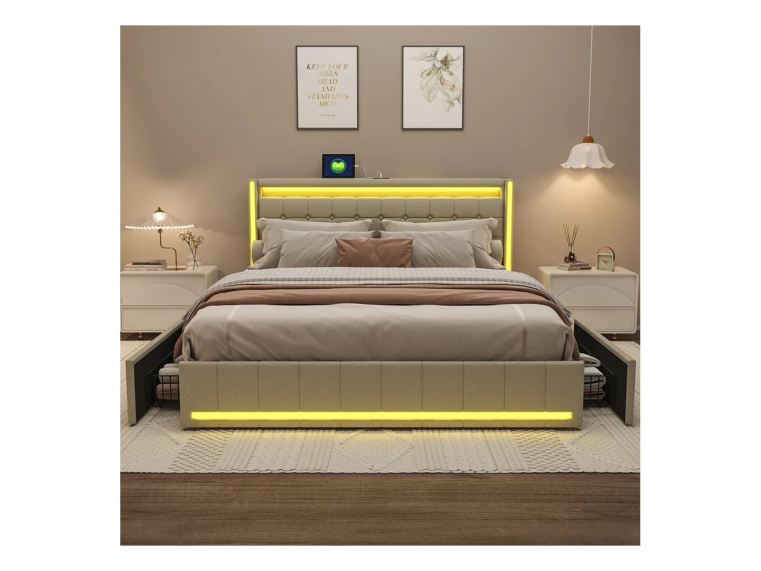 Lit adulte 140 * 190cm beige, Tête de lit avec lumière LED et chargement USB, avec 4 tiroirs