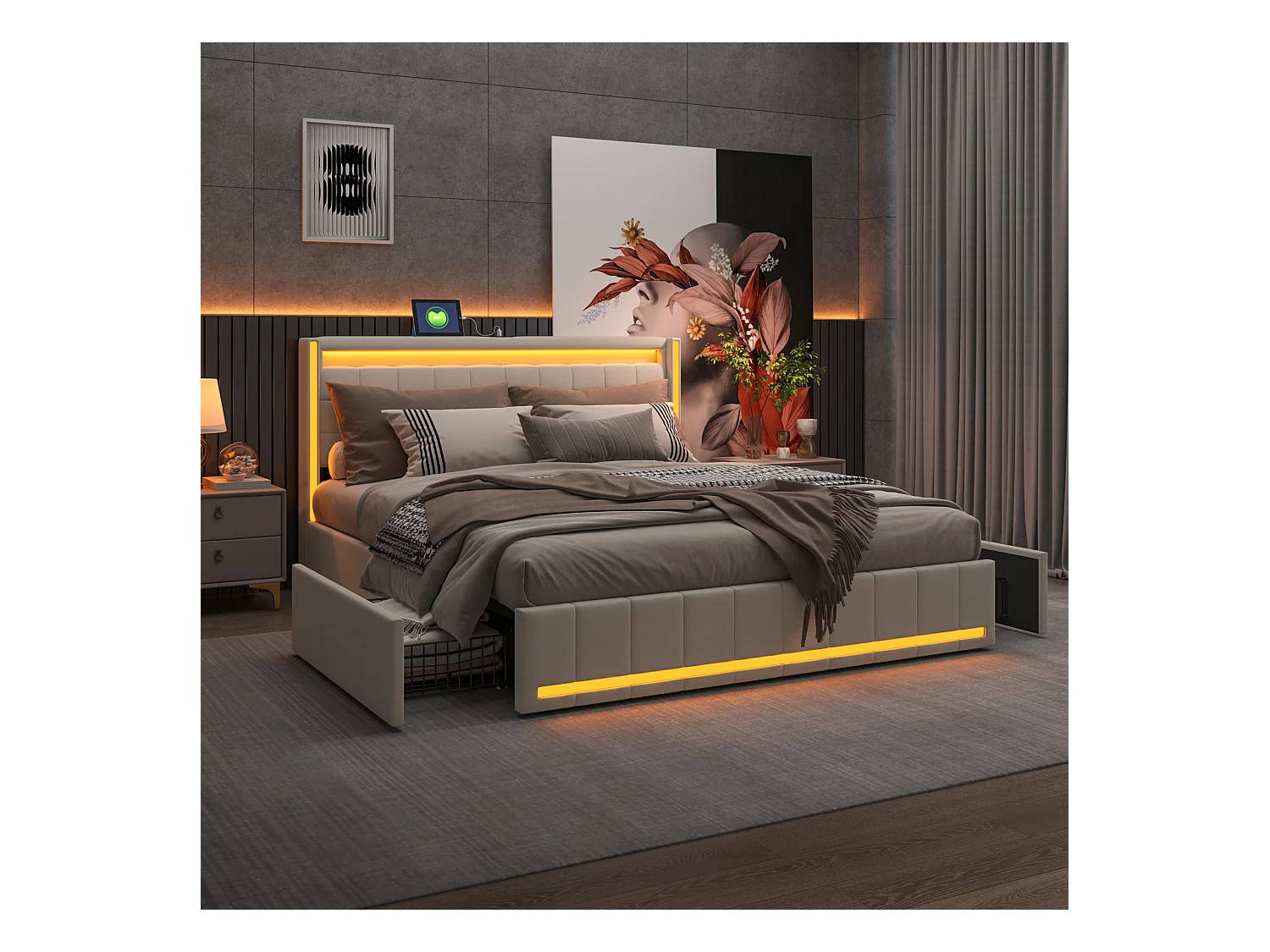 Lit adulte 140 * 190cm beige, Tête de lit avec lumière LED et chargement USB, avec 4 tiroirs
