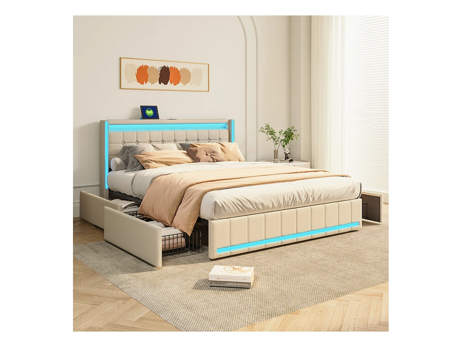 Lit adulte 140 * 190cm beige, Tête de lit avec lumière LED et chargement USB, avec 4 tiroirs