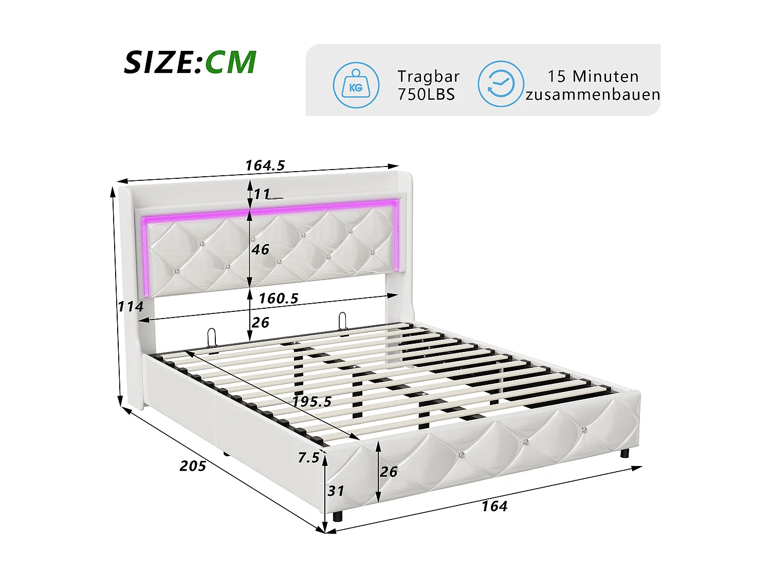 Lit Coffre 160x200 avec LED, Lit Rembourré avec USB et Type-C Cadre de lit avec Rangement, PU, Blanc