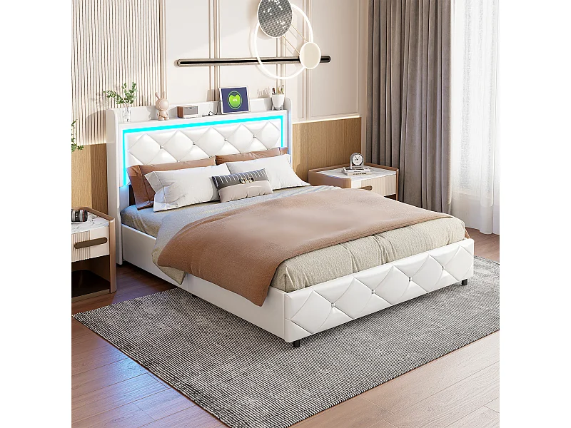 Lit Coffre 160x200 avec LED, Lit Rembourré avec USB et Type-C Cadre de lit avec Rangement, PU, Blanc