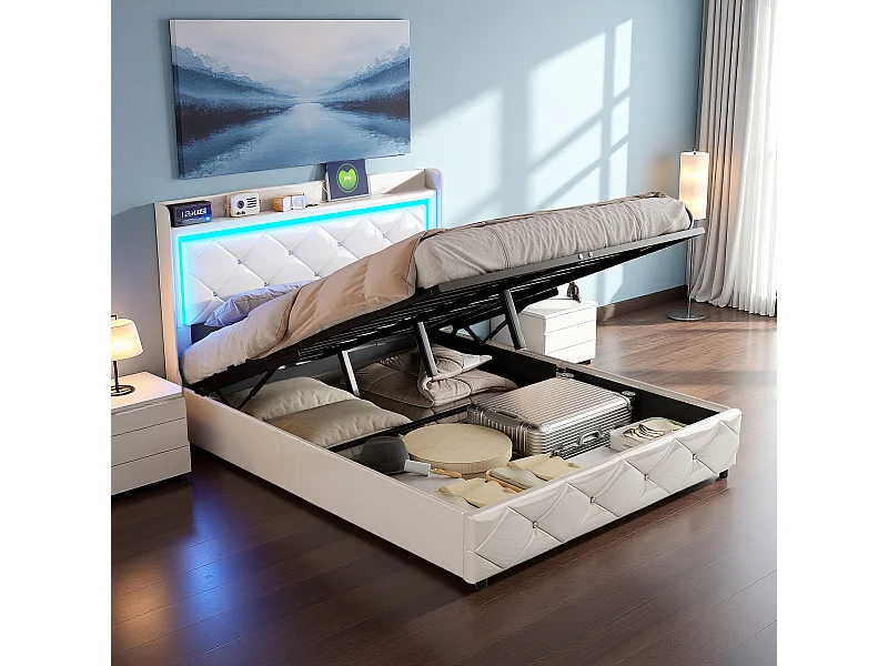 Lit Coffre 160x200 cm, Lit capitonné avec Rangement, Tête de lit avec Port USB de Type C, Lumière LED, lit Double avec sommier à Lattes, PU, Blanc