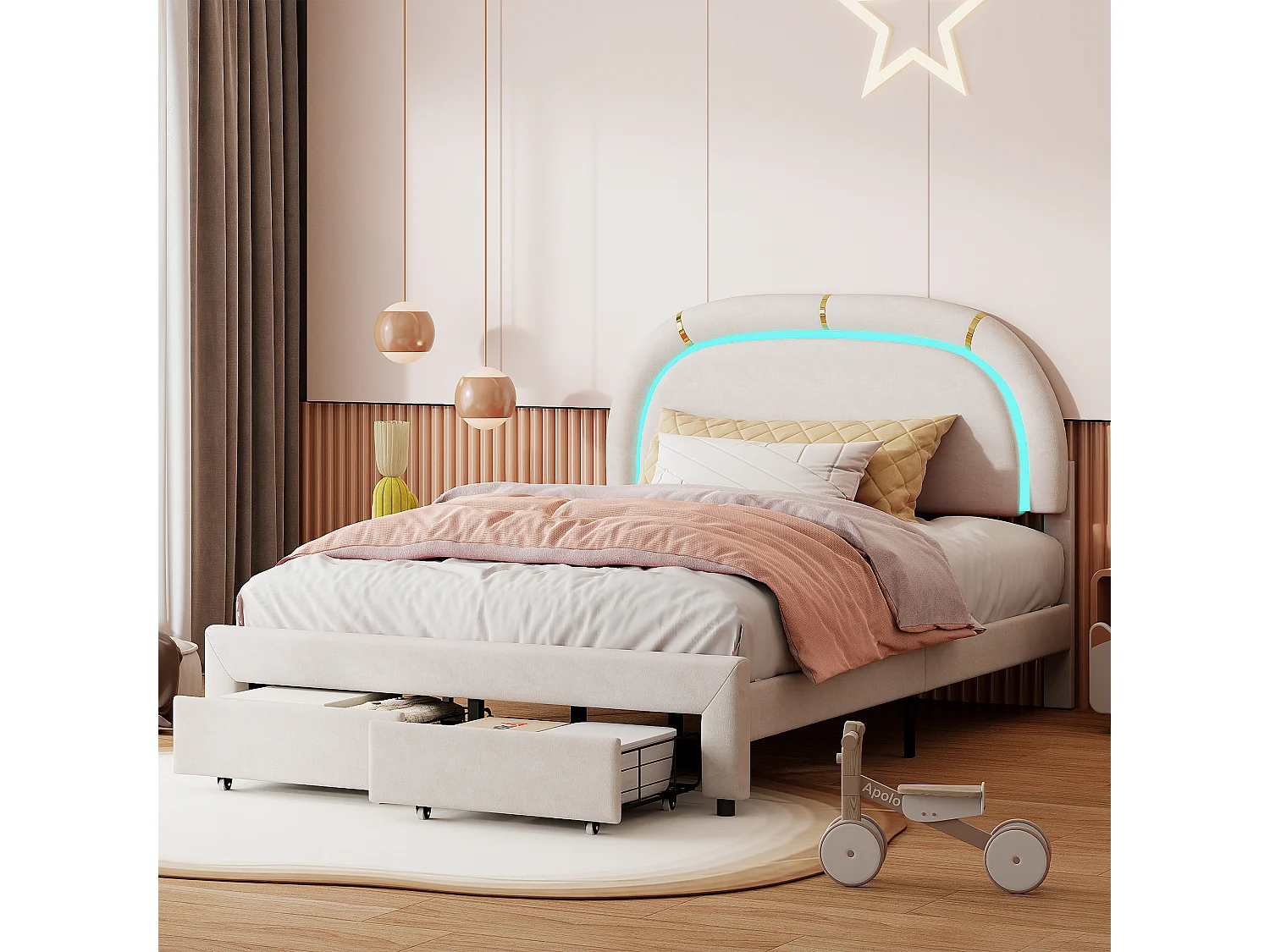 Gestoffeerd tweepersoonsbed 140 x 200 cm, met opbergruimte, met LED, met lattenbodem, beige