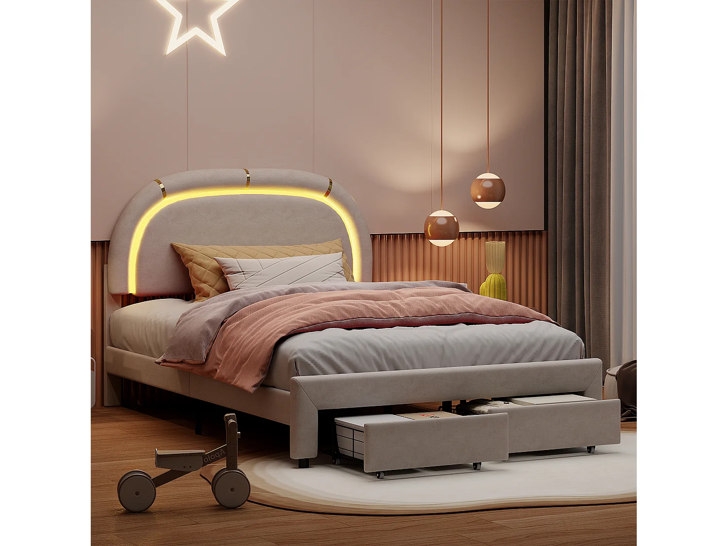 Gestoffeerd tweepersoonsbed 140 x 200 cm, met opbergruimte, met LED, met lattenbodem, beige