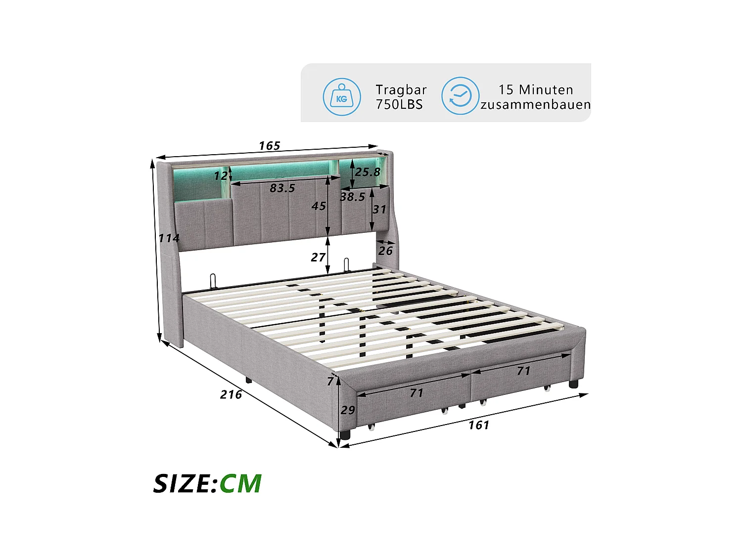 Letto matrimoniale imbottito, 160 x 200 cm, LED, con vano contenitore, con rete a doghe, Grigio