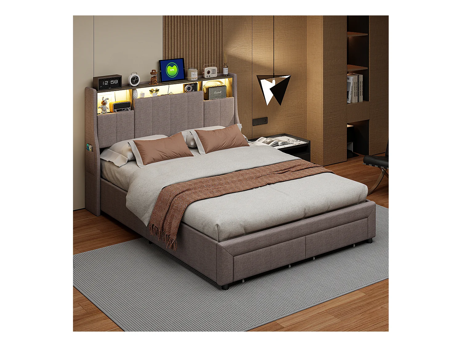 Letto matrimoniale imbottito, 160 x 200 cm, LED, con vano contenitore, con rete a doghe, Grigio